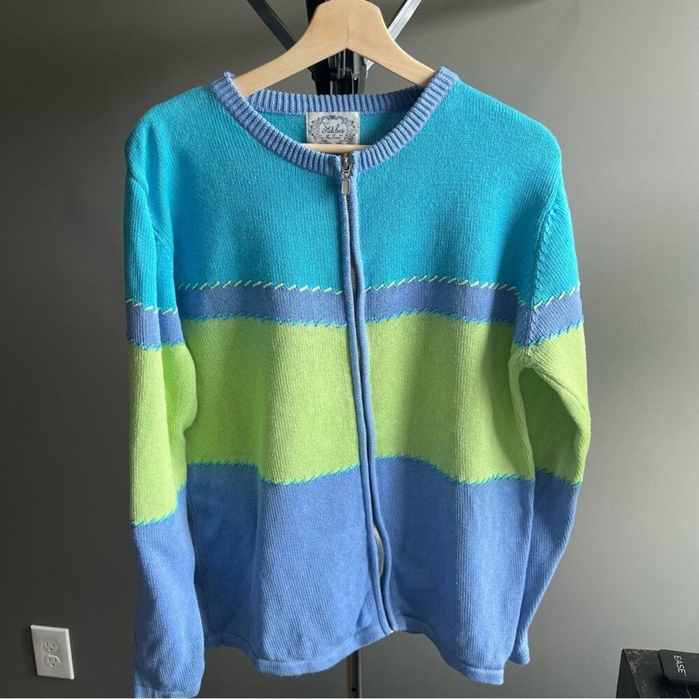 Stitches in Time Blue and Green Cardigan Sweater with Stitch detail Size Large